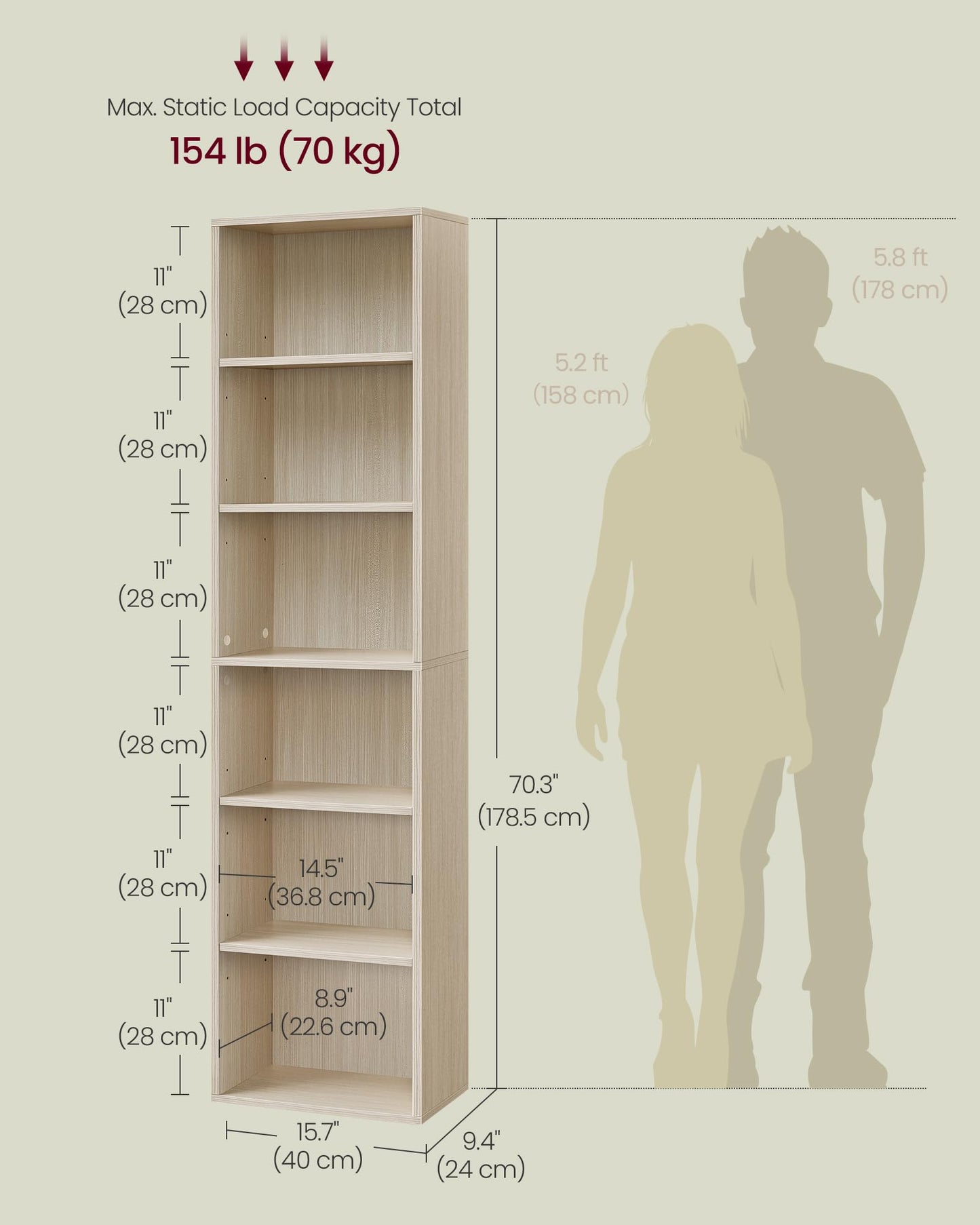 VASAGLE Bookcase, 6-Tier Bookshelf, Open Storage Shelf, Shelving Unit, 24 x 60 x 178.5 cm, for Living Room, Home Office, Dinning Room, Cloud White LBC169T14