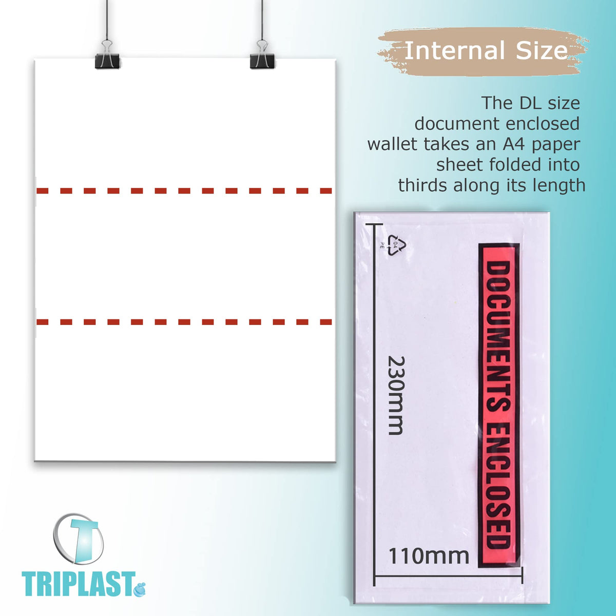 Triplast 200 x DL Printed Document Enclosed Wallet (230 x 110 mm) | Peel & Seal Clear Plastic Envelopes/Sleeves/Pockets/Wallets | Attach Invoices, Packing Lists & Delivery Notes to Parcels
