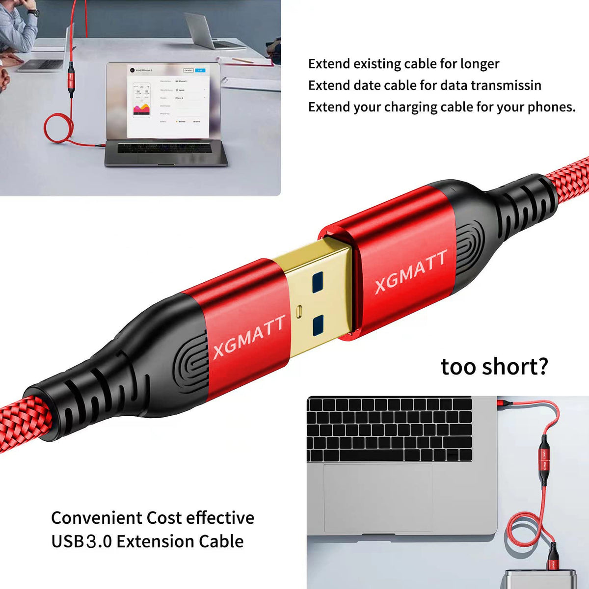 USB Extension Cable 2M 2Pack USB 3.0 Extender Male to Female Blue