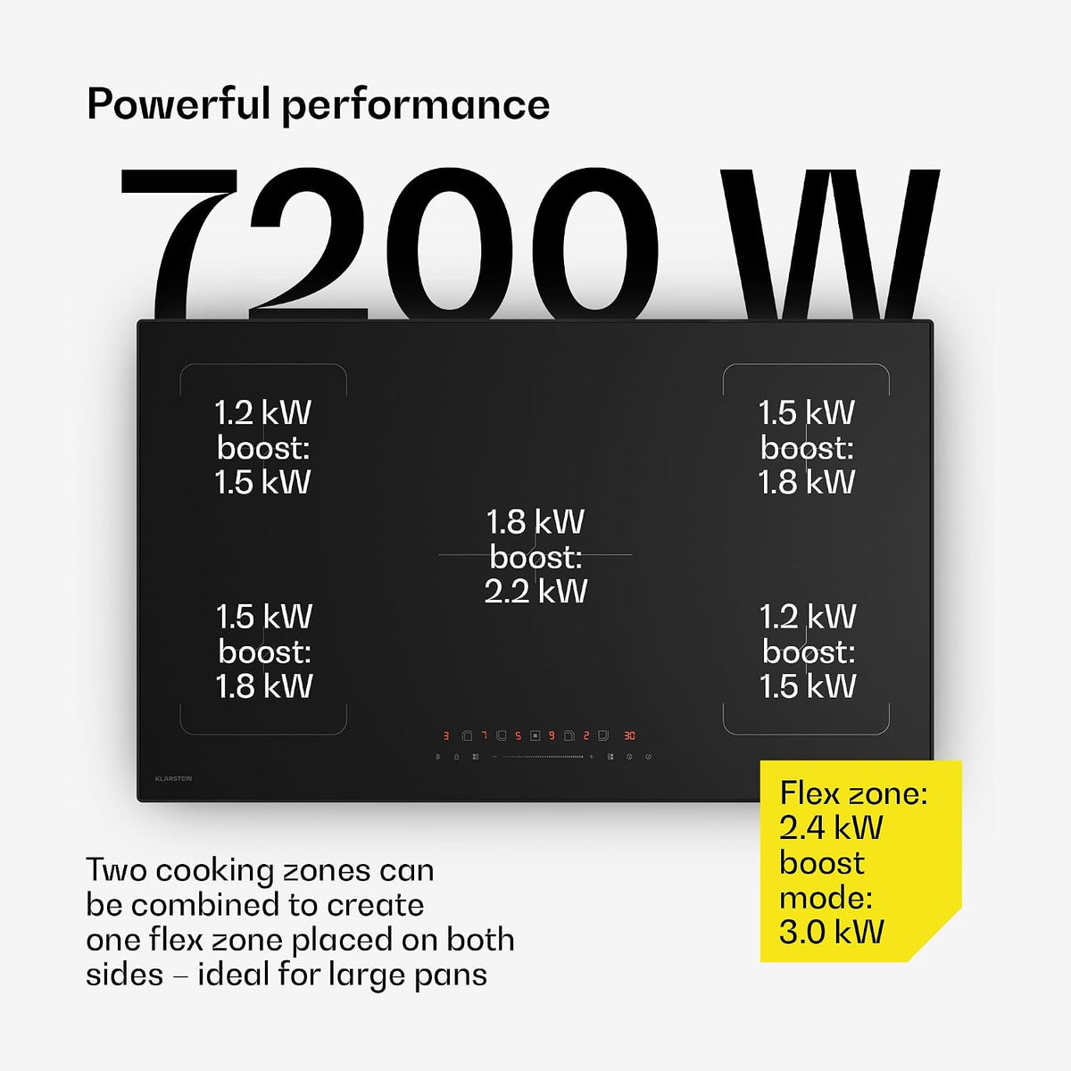 Klarstein Velaire Induction Hob 90 cm – 5 Zone Cooktop 7200W, Touch Slider, 9 Power Levels, 2 Flex Zones, Residual Heat Indicator