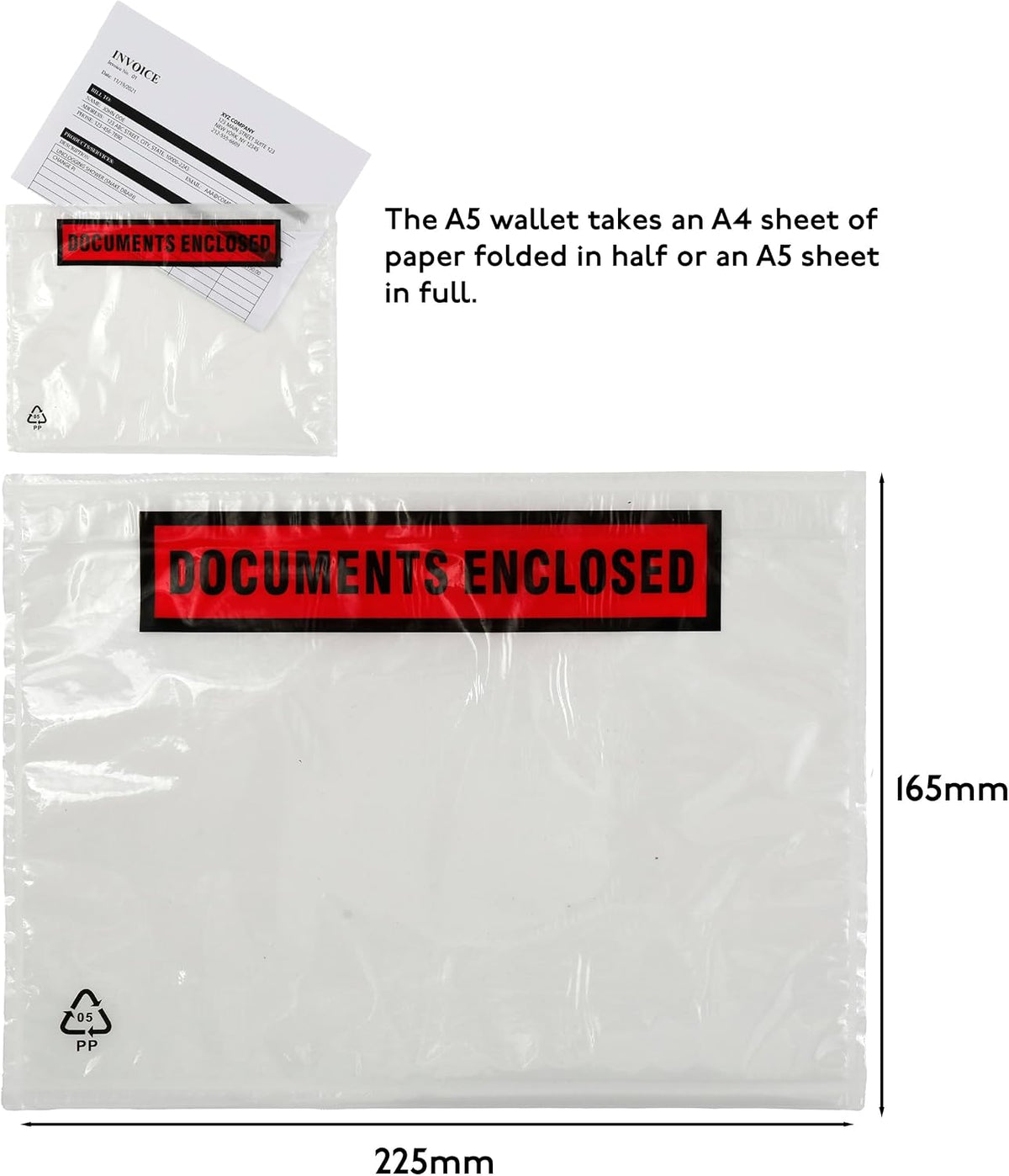 100 x A5 Printed Document Wallets (225 x 165mm), Waterproof A5 Plastic Wallets Printed with Documents Enclosed for Invoices, Labels, Delivery Notes and Packing Lists