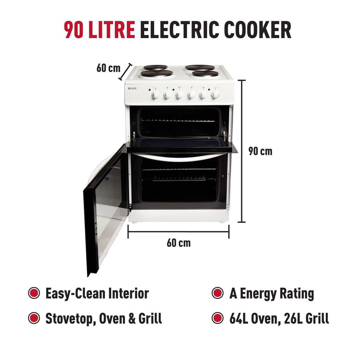 Haden Double Oven 50cm Electric Cooker 4 Zone Ceramic Hob White
