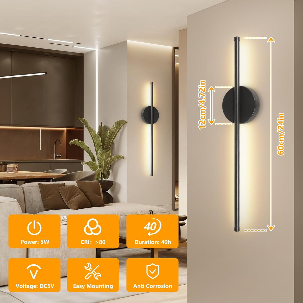 Dehobo 80CM Rechargeable Wall Lights with 8000mAh for Home Decor, 2 Packs