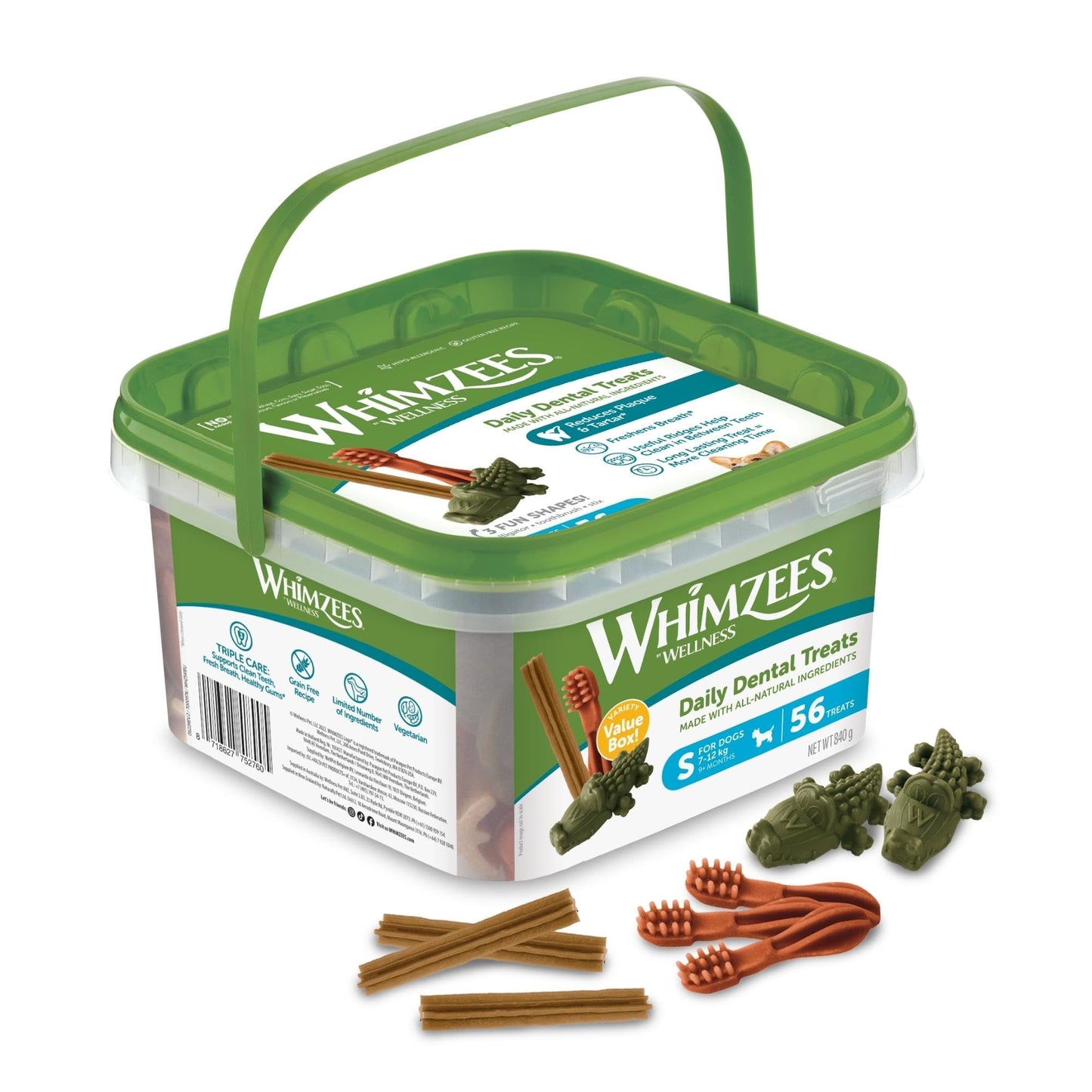 WHIMZEES Variety Box Dental S, 56 Pieces – Mixed Shapes, Size S, Dog Chews for Small Breeds, Natural and Grain Free, Rawhide-Free, Vegetarian, No Added Sugar