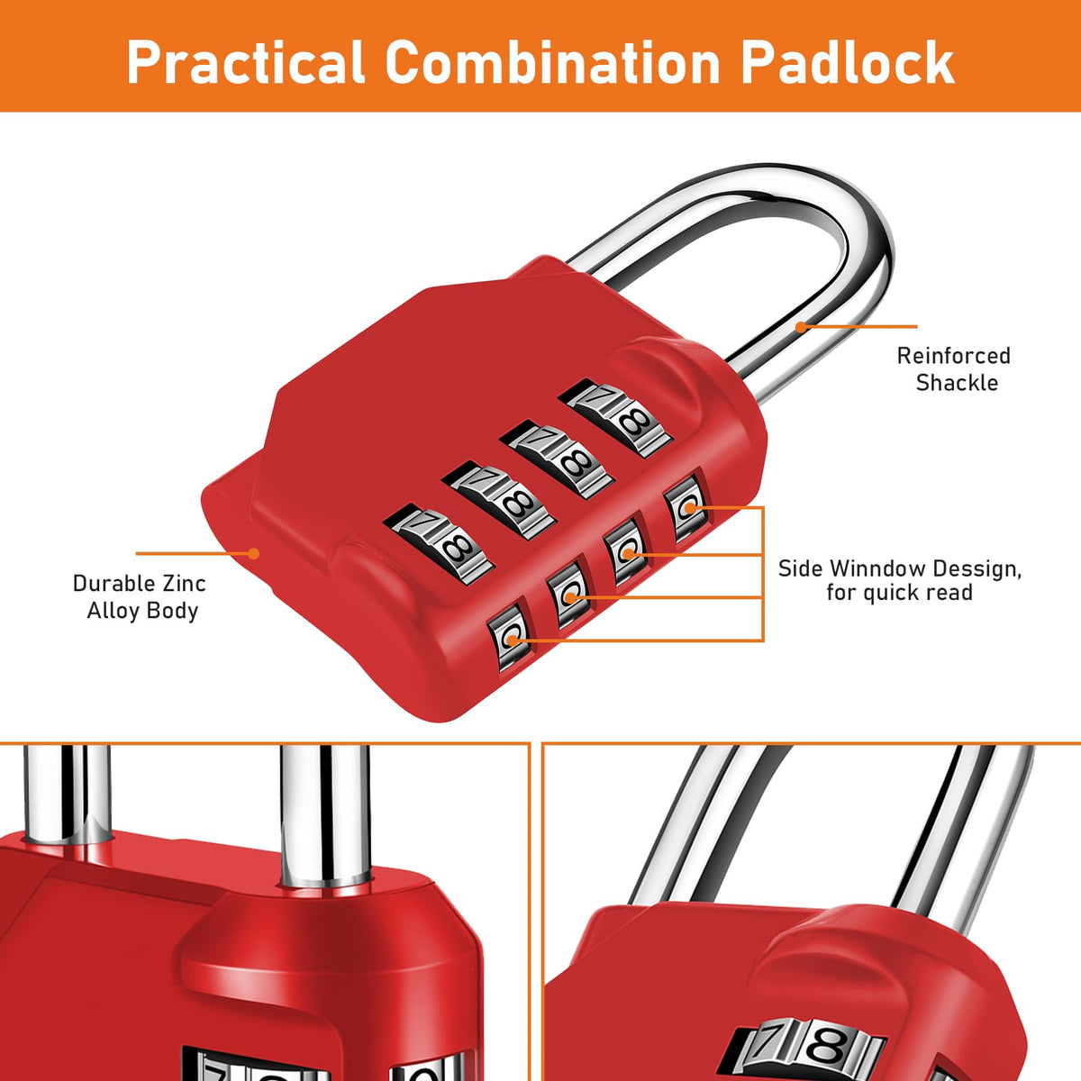 NAGE Padlocks with Code, Combination Lock 4 Digit Gym Locker (1P, Red)