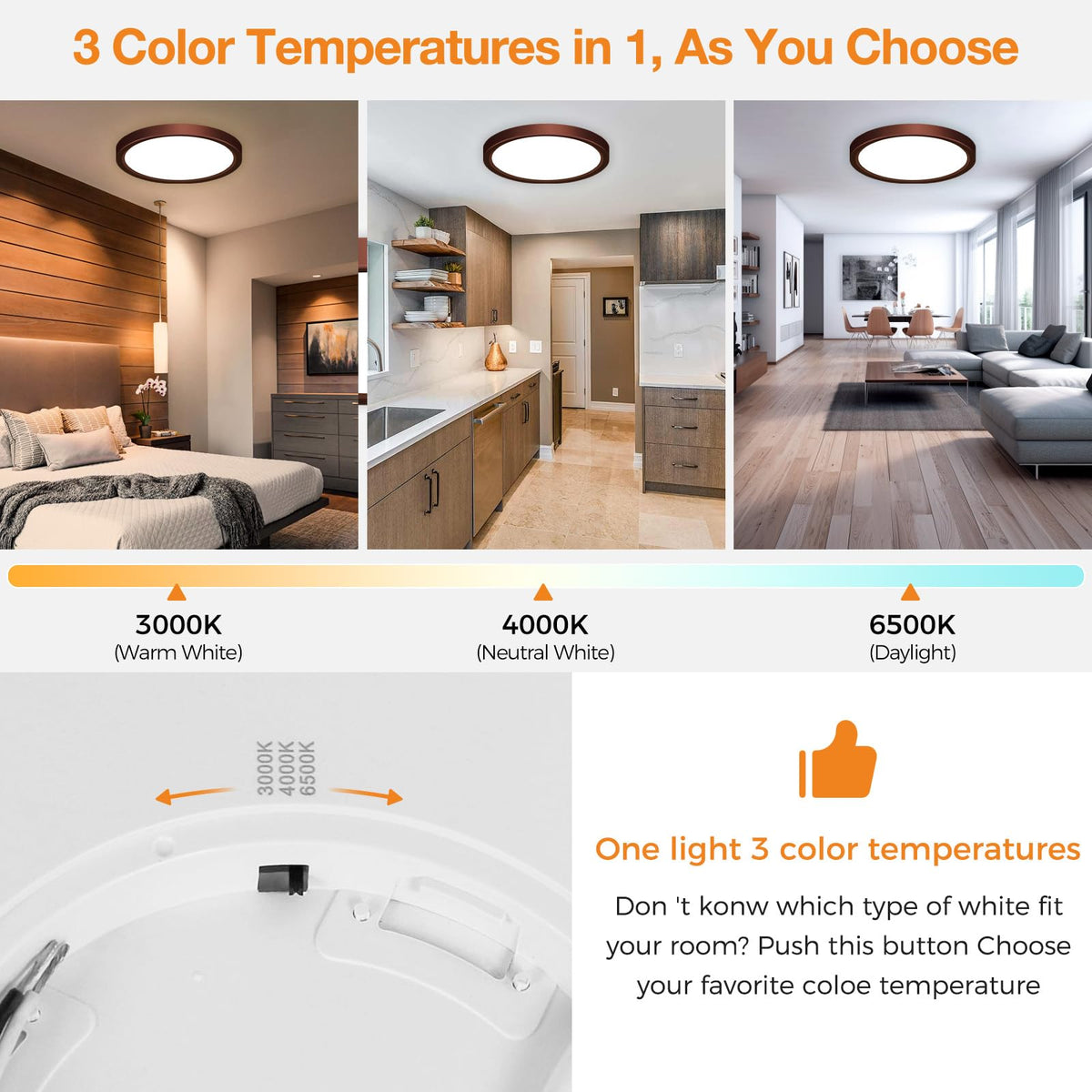 slochi Bathroom Light, 3000K/4000K/6500K 3 Color Temperature, Waterproof, Round, Modern, Flush Ceiling Light for Bathroom, Kitchen, Bedroom, Hallway and MoreØ18CM(Gold)