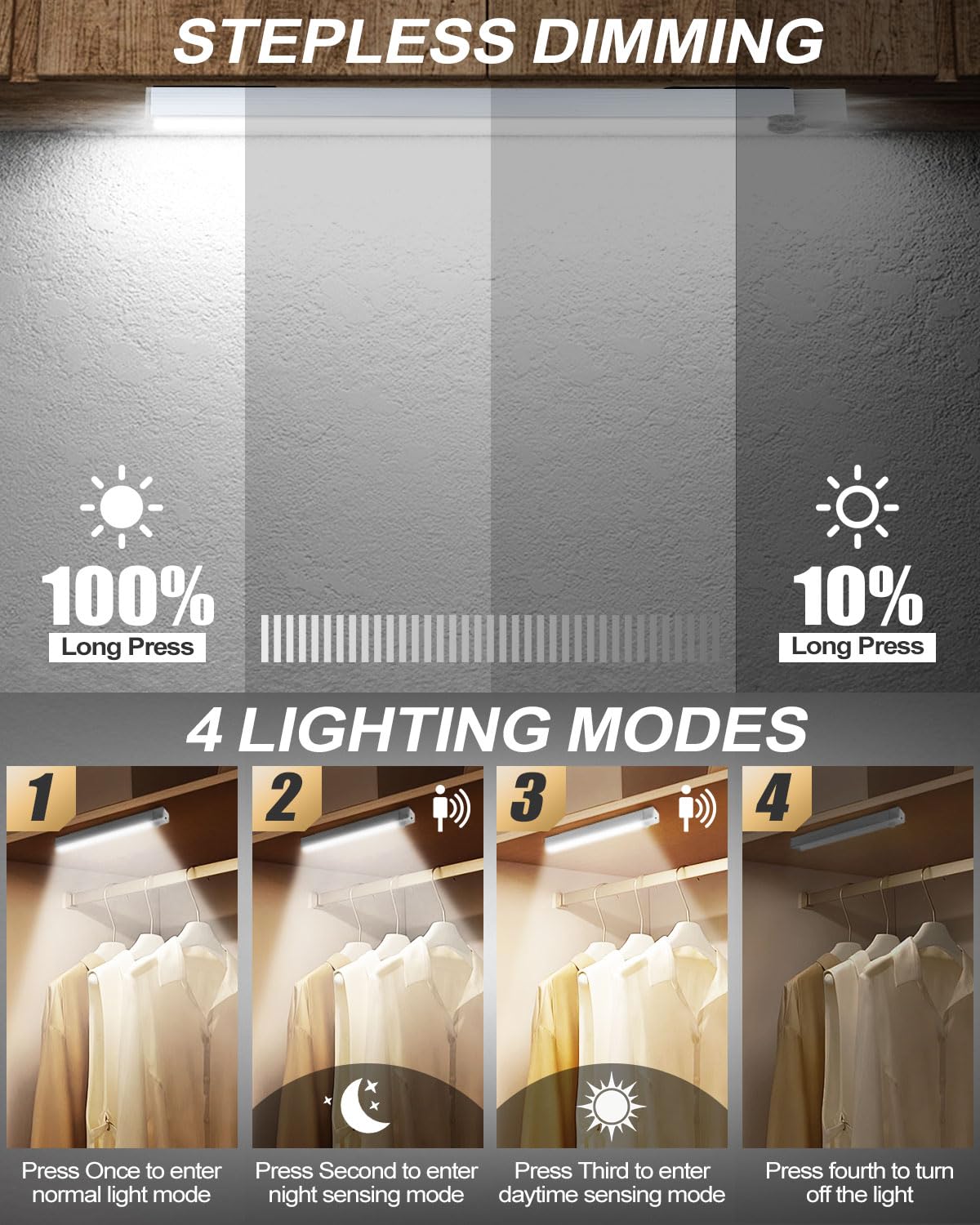 Under Cabinet Kitchen Lights 4 Pack, 4 Modes, USB Motion Sensor Cupboard Light, USB Type-C, Stepless Dimming, with Magnetic Sticker, for Kitchen Wardrobe Bedroom Stairs (Cold White)