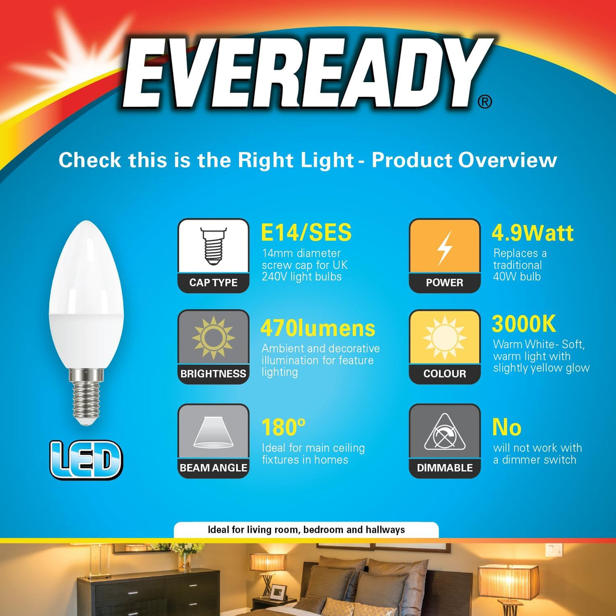 Eveready E14 LED Light Bulb, Warm White 3000K, 40W Equivalent, 470 Lumen LED Candle Bulb, SES Small Edison Screw Light Bulbs, Non-Dimmable, Pack of 3