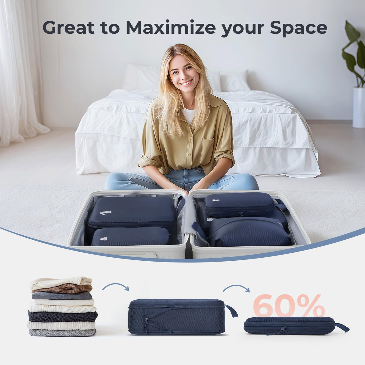 Samfolk Compression Packing Cubes for Suitcases Packing Cubes Compression Set Waterproof Suitcase Organiser Bags for Travel Suitcase Luggage Packing Organizer Bags Travel Essentials Black 8 Set