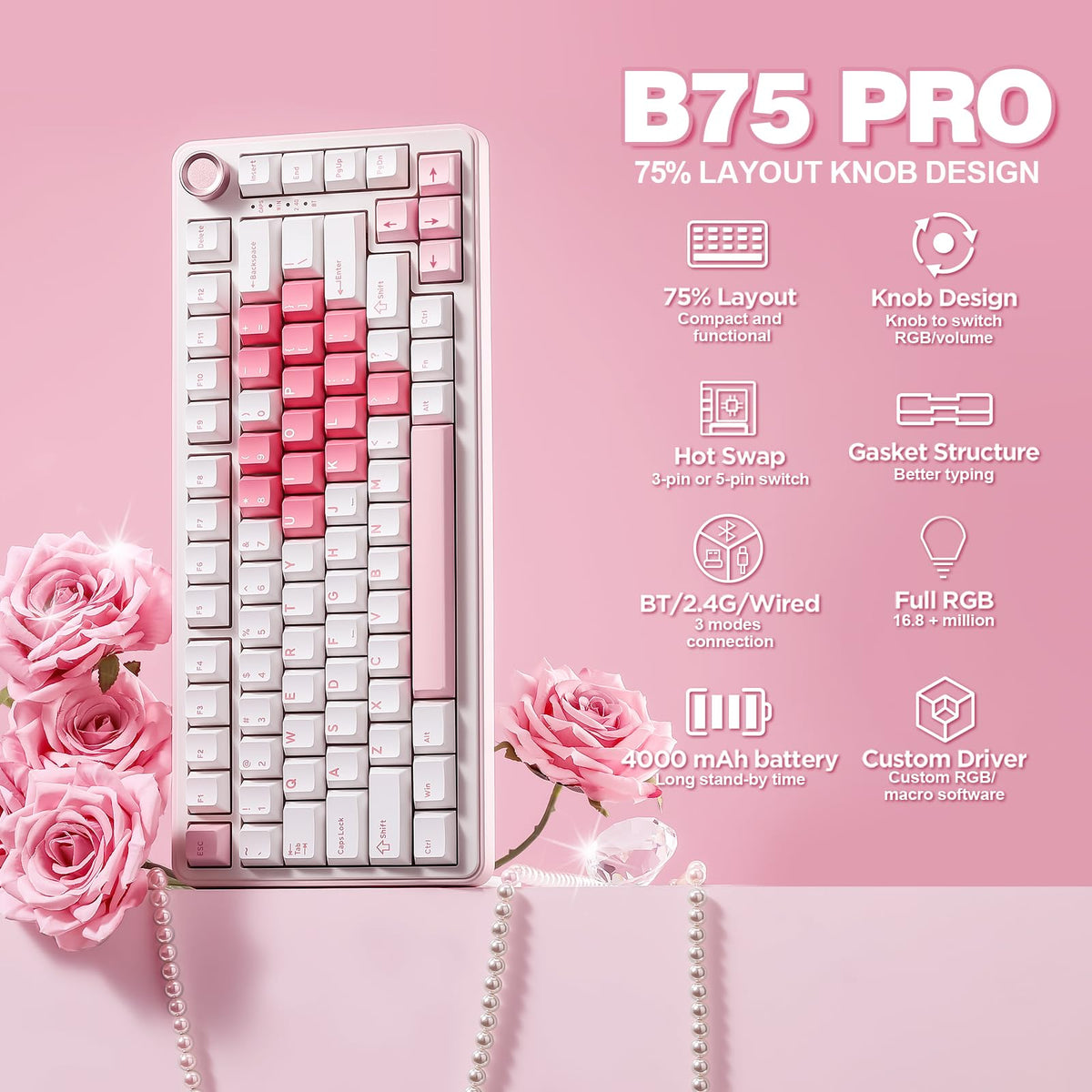 YUNZII B75 PRO 75% Wireless Mechanical Keyboard (Black Heart,Cocoa Switch)