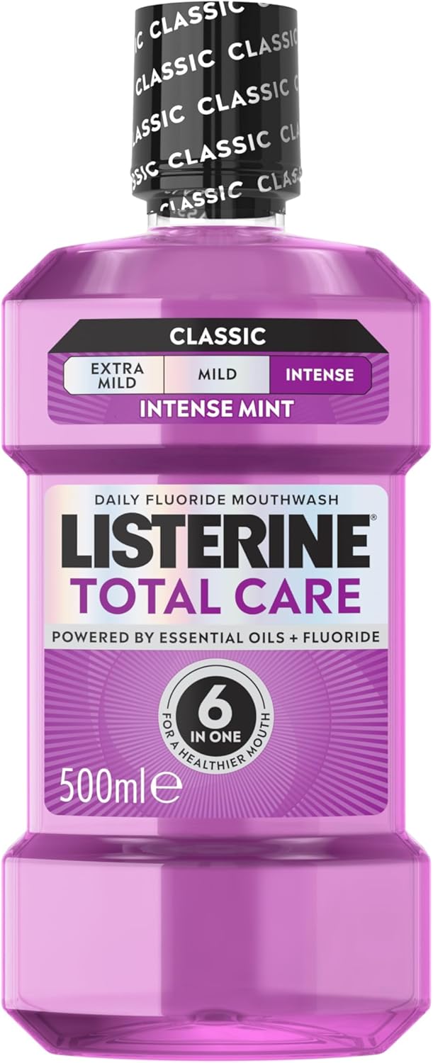 Listerine Total Care Intense Taste Classic Antibacterial Mouthwash (500ml), Fresh Mint Blast Flavour with 6-in-1 Benefits, Helps Reduce Plaque and Freshens Breath