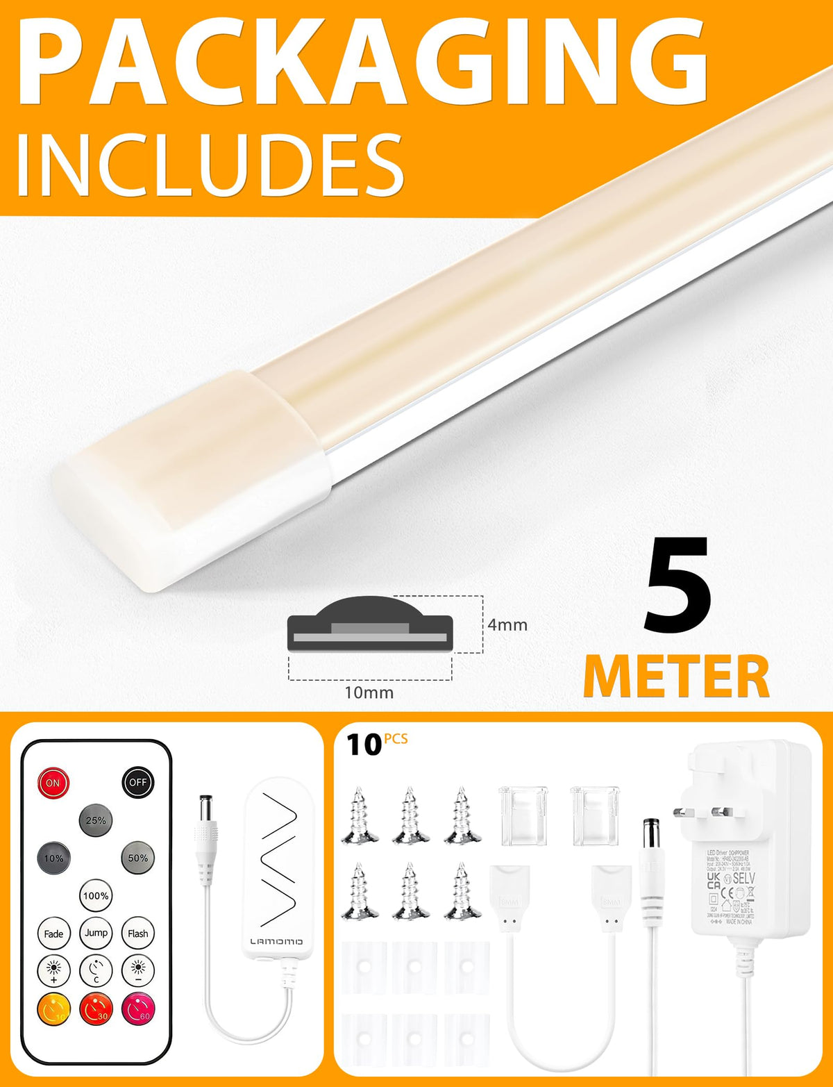 Lamomo COB LED Strip Light 5M, White Dimmable Neon Rope with Remote