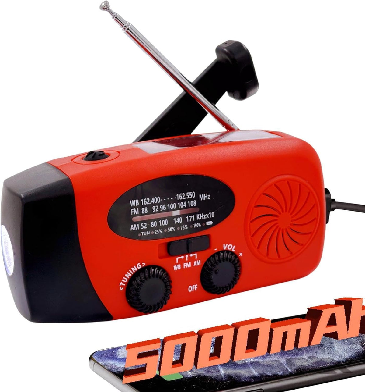 5000mAh Wind Up Solar Radio, Emergency Crank Weather Radio, FM/AM Radios