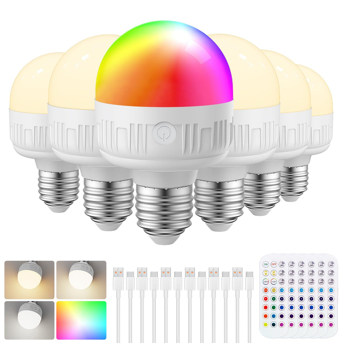 LGMCF E14 Rechargeable Light Bulb, 8W, 3 Colors, Timer, Dimmable, 2 Pack