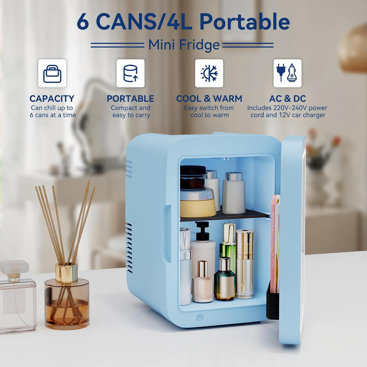 4 Liter Mini Fridge with Dimmable LED Mirror, AC/DC Skincare Fridge
