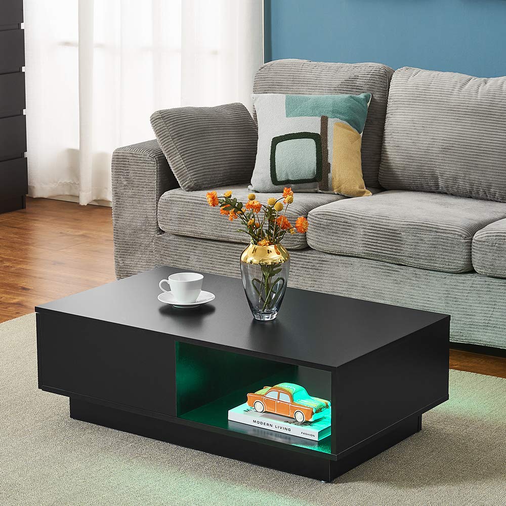 Panana Wooden Coffee Table with Storage Drawer and Shelf Wood Sofa Side End Table with LED Lighting Home Office Living Room Furniture (White)