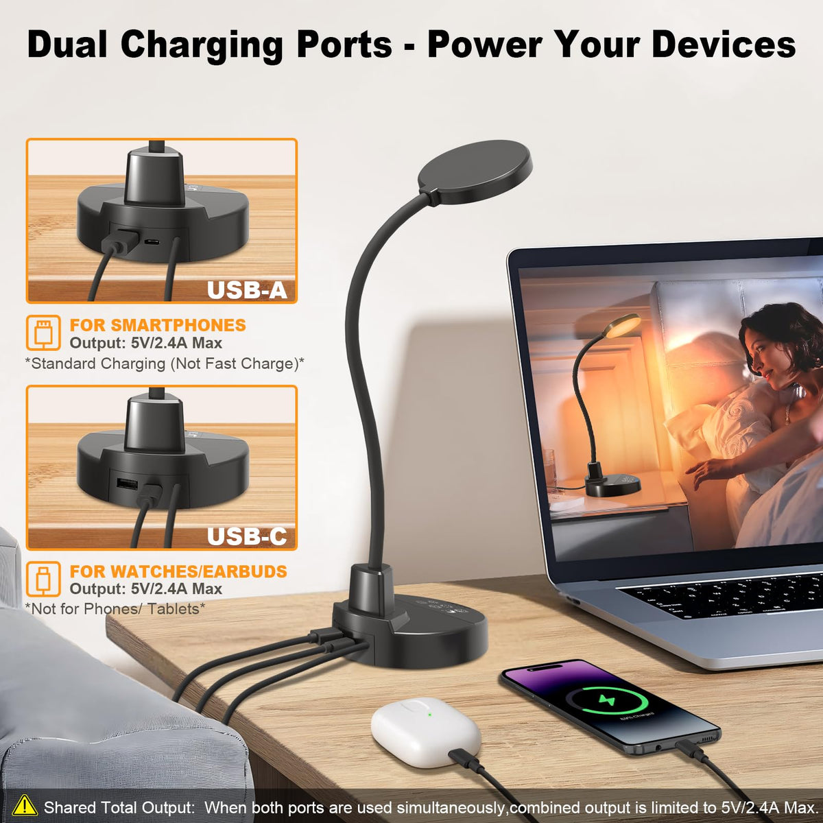 60 LED Desk Lamp with USB Charging Ports – Dimmable Table Lamp with 3 Color Temps, 5 Brightness, 4 Timers, 15W Flexible Gooseneck Light with Base, Eye-Caring Reading Light for Home Office, Bedroom