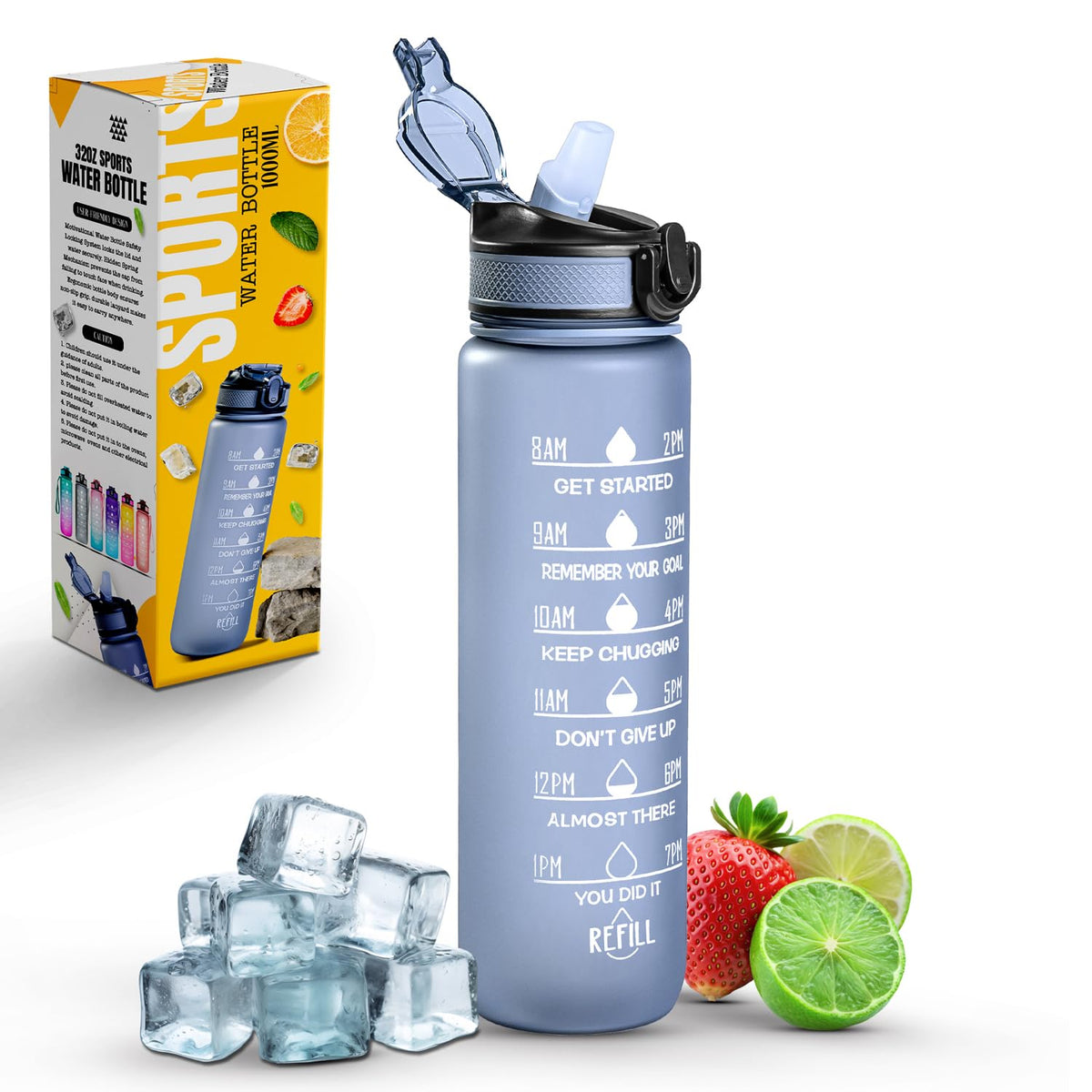 Roe Tenpo Sports Water Bottle with Straw and Time Marking, and 32OZ Capacity - Motivational and Eco-Friendly BPA-Free Bottle for Running, Gym, Yoga, Outdoors, and Camping (Style-1, Black)