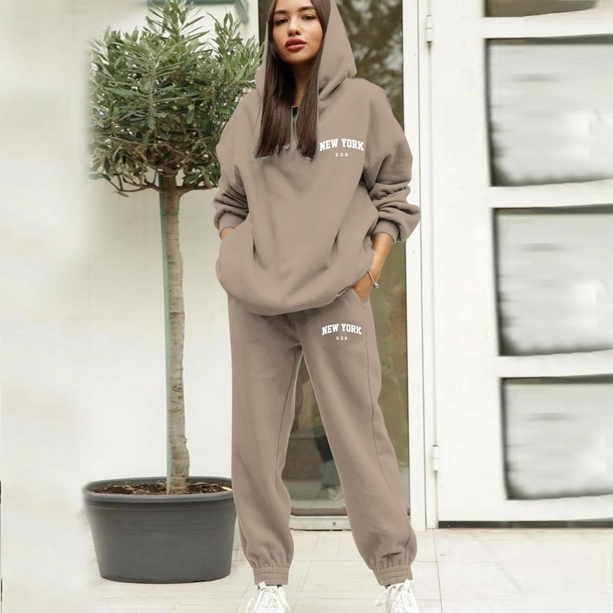 Tracksuit Womens Full Set UK 2 Piece Hooded Sweatshirt and Sweatpants Sets Casual Long Sleeve Pullover Hoodie Elasticated Waist Joggers Sets Letter Print Plus Size Lounge Wear Gym Sports Activewear