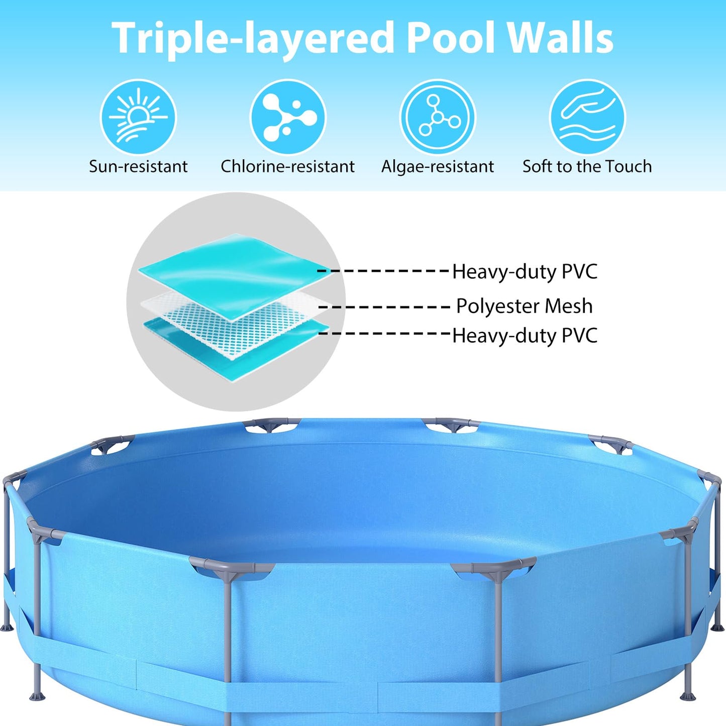 COSTWAY Above Ground Swimming Pool, Outdoor Round/Rectangular Large Framed Pool Set, Metal Frame Garden Family Pools for Kids and Adults (Gray, 300 x 207 x 66 cm, Rectangular)