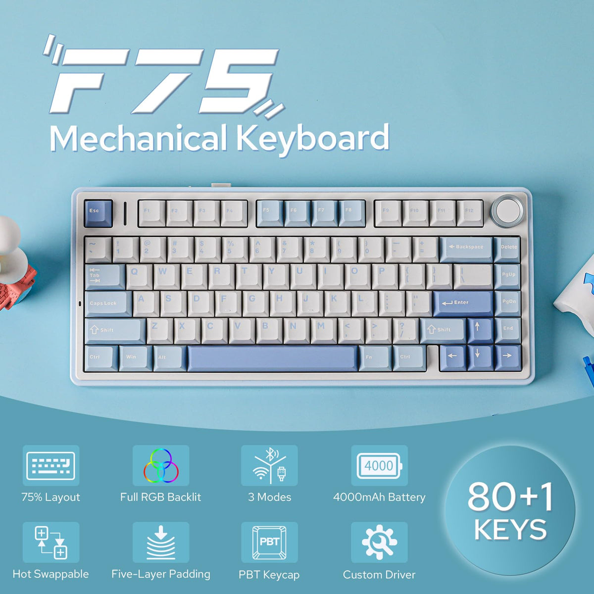 EPOMAKER AULA F75 Wireless Mechanical Gaming Keyboard, 75% Layout with Knob