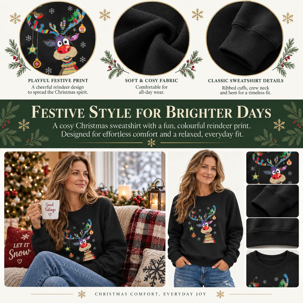 Christmas Jumpers Women Reindeer Graphic Print Sweatshirts Ladies Xmas Tops