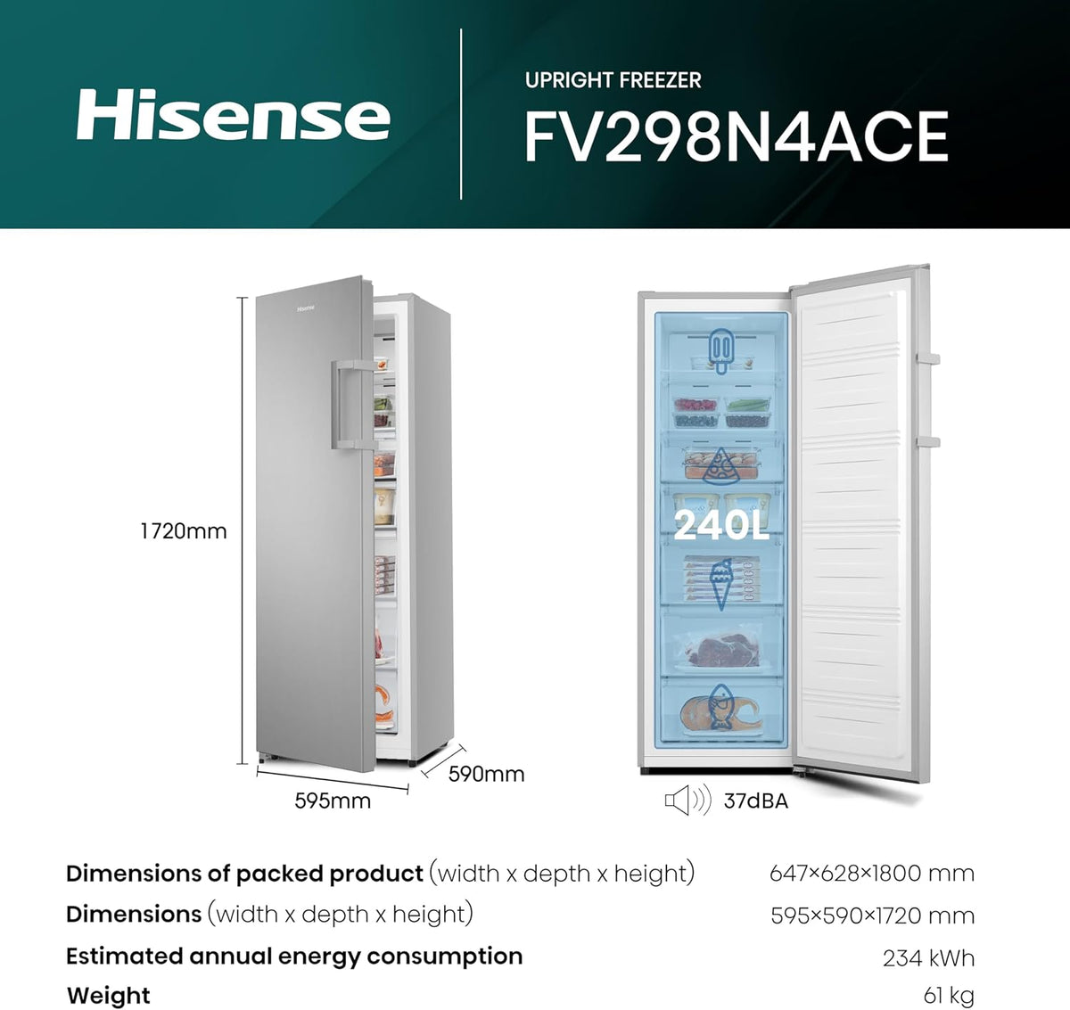 Hisense FV298N4ACE Tall Freestanding Freezer 240 Litre Capacity Total No Frost with LED Display 59D x 59.5W x 172H cm - Stainless Steel, Silver