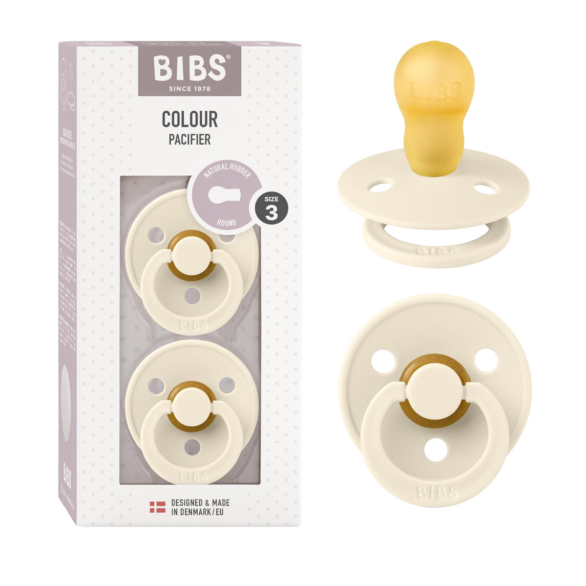 BIBS Colour Soother 2-Pack, BPA Free Dummy Pacifier, Round Nipple. Natural Rubber Latex, Made in Denmark, Size 2 (6-18 Months), Baby Blue