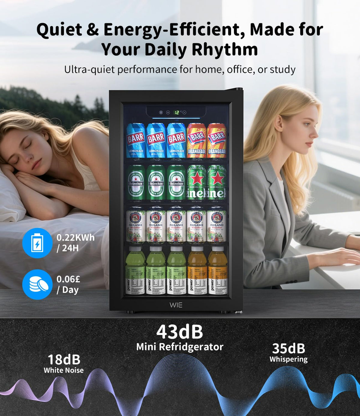 WIE 48L Drinks Fridge with Glass Door, Beer Fridge for 68 Cans or 12 Wine Bottles, Mini Fridge 4-16°C Touch Control, Quiet Beverage Refrigerators with LED Light, Reversible Door for Home, Bar, Office