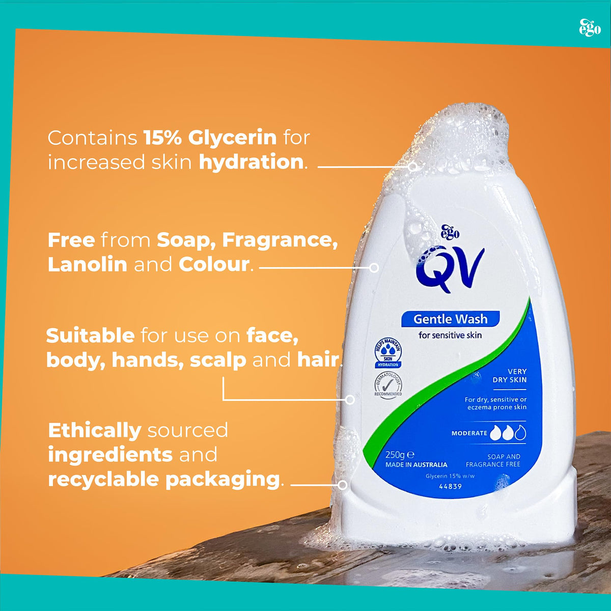 QV Gentle Wash (500g) for Dry, Sensitive Skin, pH Balanced, Unscented, Soap Free, Moisturising Soap alternative that lathers for Dry Skin Eczema, Psoriasis, Dermatitis for whole body