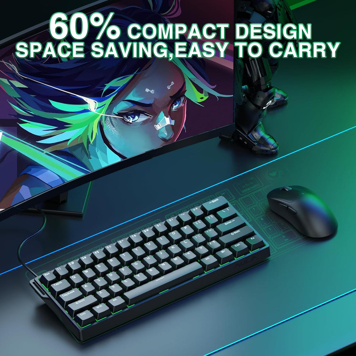 AULA WIN60 HE Mechanical Gaming Keyboard Wired,Hall Effect Magnetic Switches,Adjustable Actuation Rapid Trigger,8K Polling Rate,RGB Backlight,60% Percent Keyboard for Mac/Win (BLACK) (Pack of 2)