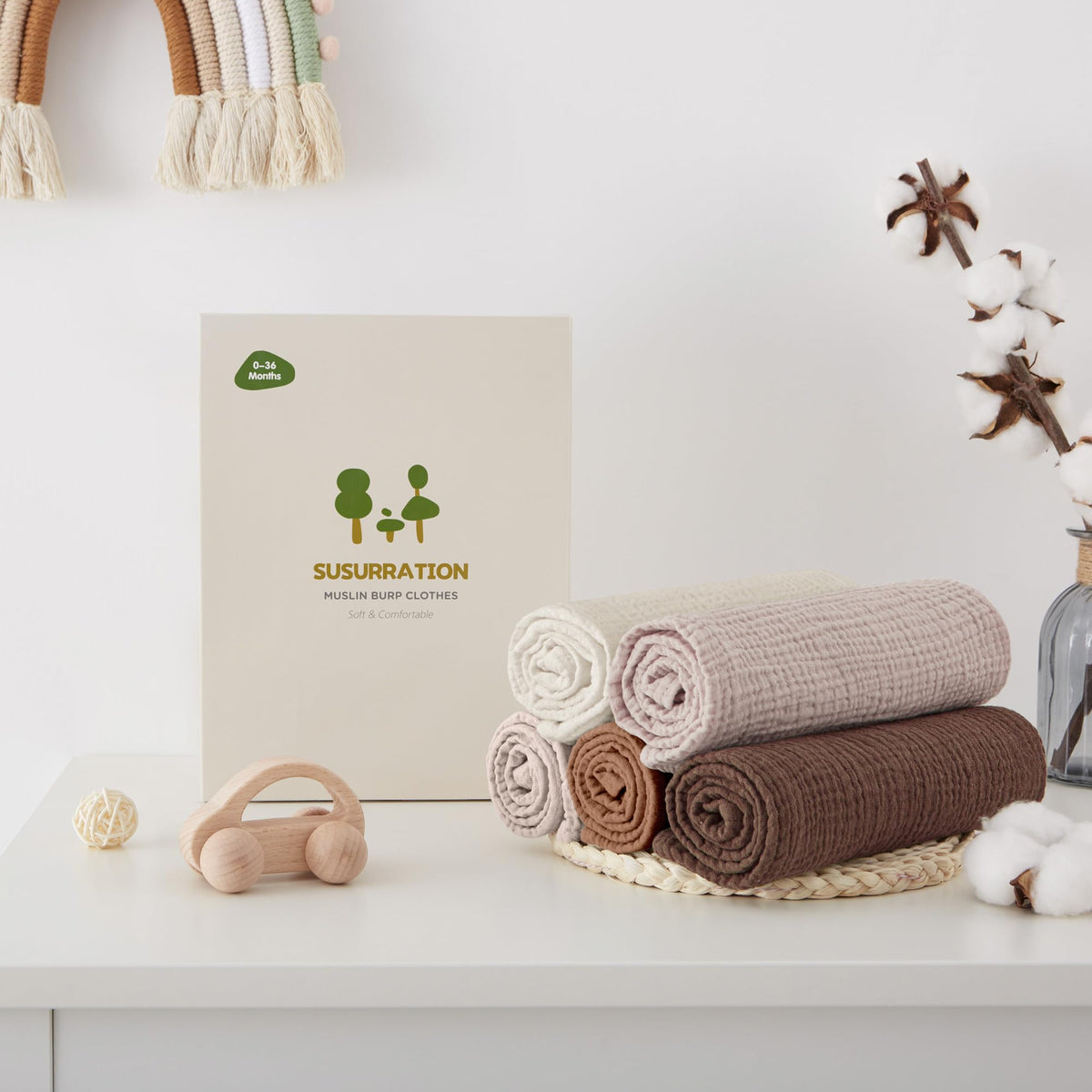 Susurration Muslin Cloths for Baby, 100% Cotton Baby Muslin Squares Cloths for Newborn Boy and Girl, Soft, Breathable and Extremely Absorbent Baby Muslin Burp Cloths, 60 x 60 cm, 5 Pack