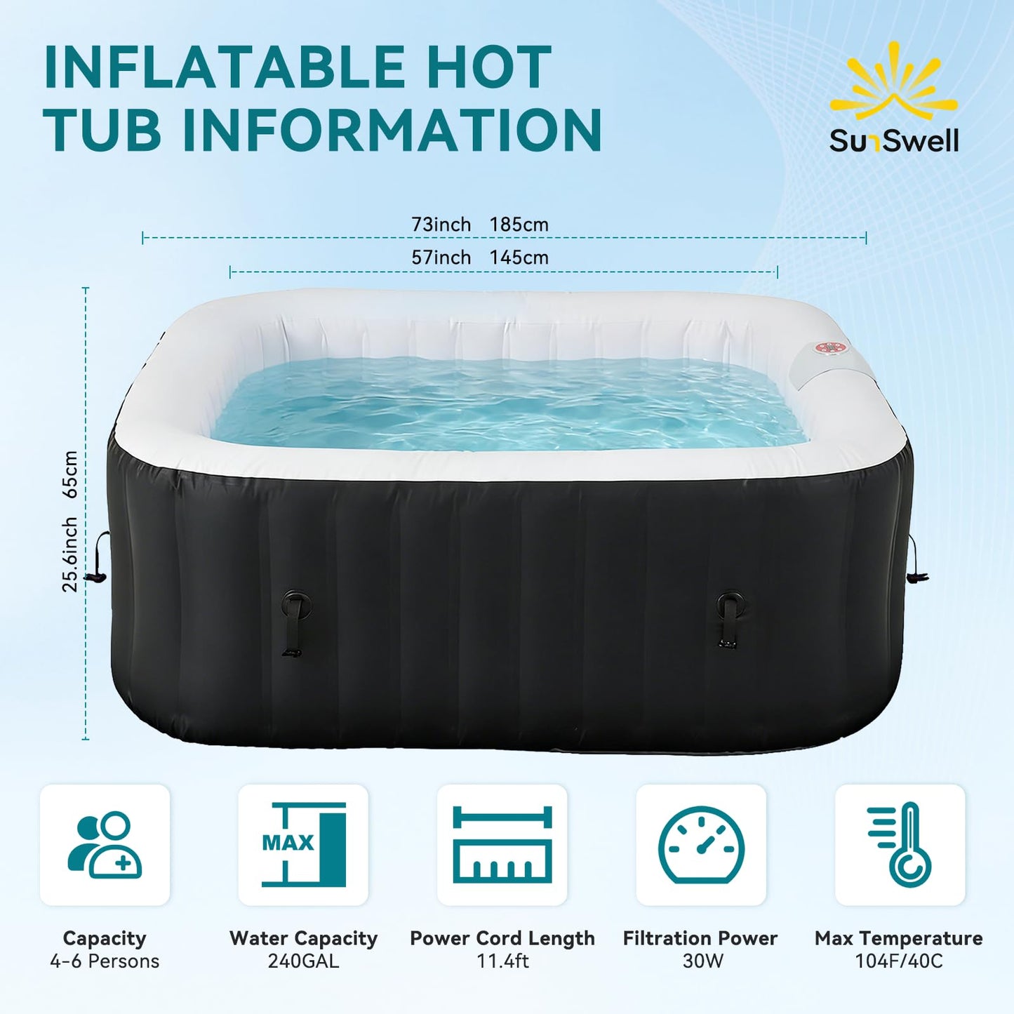 Inflatable Hot Tub 185X185CM, 60% More Energy Efficient, Portable Lazy Spa with 1800W Heater & 130 Air Jets Massage System, Fits Small Bathroom & Garden, Includes Insulated Cover & Filter