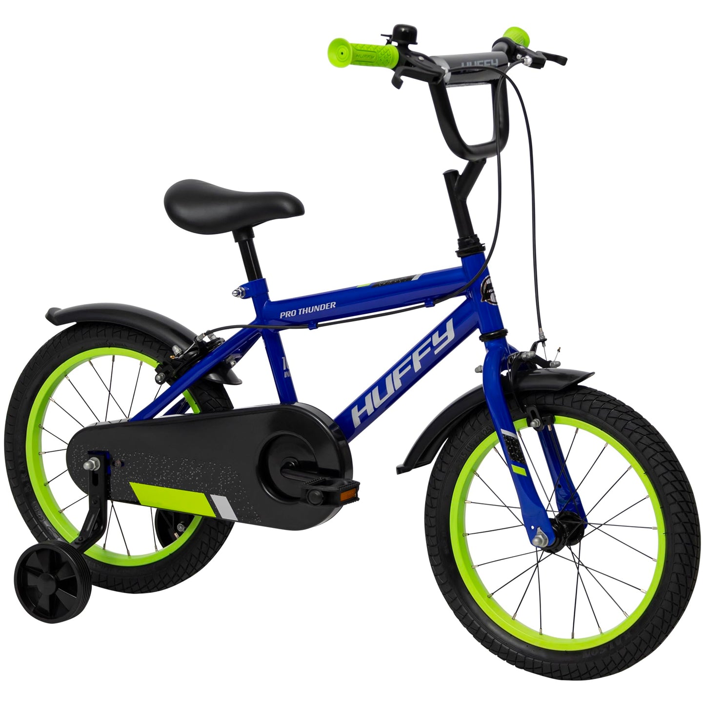 Huffy Pro Thunder Kids Bike 16" with Stabilisers, Bell & Handlebar Pad — Green