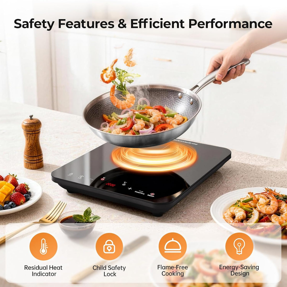 Single Induction Hob 2000W, Portable Induction Cooker with 10 Power & Temperature Levels, Touch Control, Child Lock, 3-Hour Timer, Residual Heat Indicator, Black Glass Panel Electric Hob