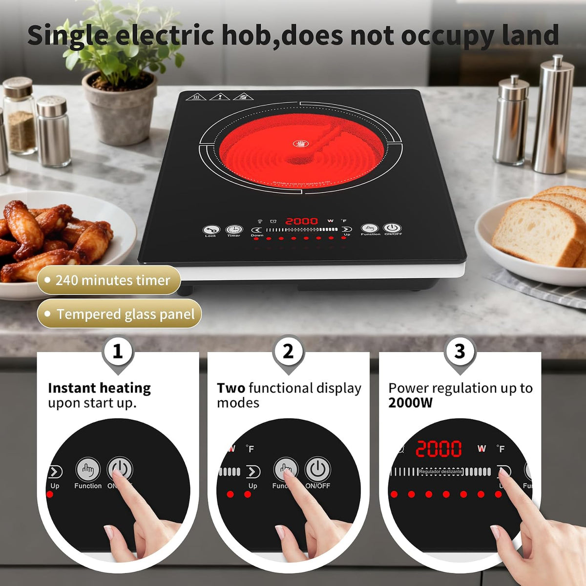 GIHETKUT single electric hob,220V 2000W Electric Hob with LED Touch Control,10 Power Levels, 4H Timer, Safety Lock,portable single burner hob Overheat protection