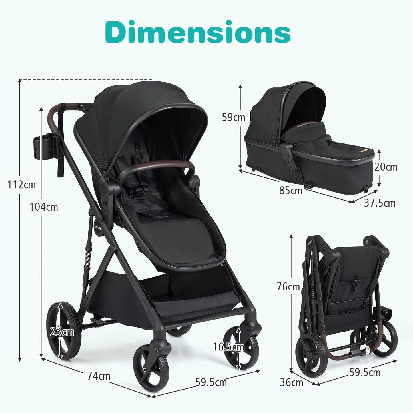 COSTWAY 3 in 1 Baby Stroller, Foldable Travel System Pram with Reversible Seat, Adjustable Canopy & Backrest, Mesh Net, Storage Basket, Lightweight Infant Newborn Pushchair for 0-36 Months (Grey)