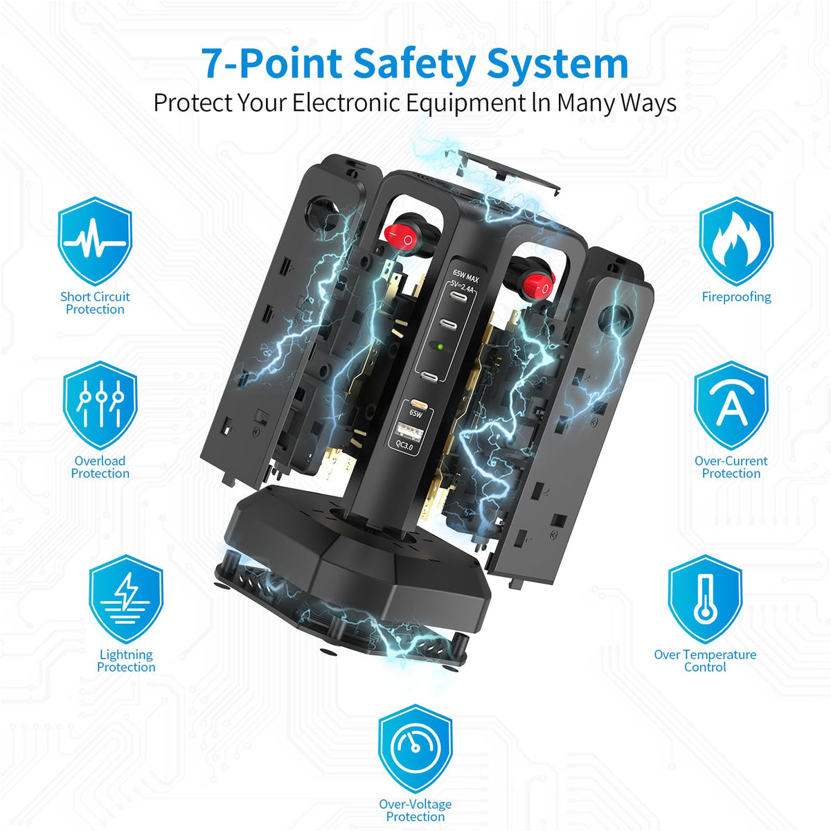 HAFINO Tower Extension Lead 3M with USB Slots and Night Light, 4 Switches