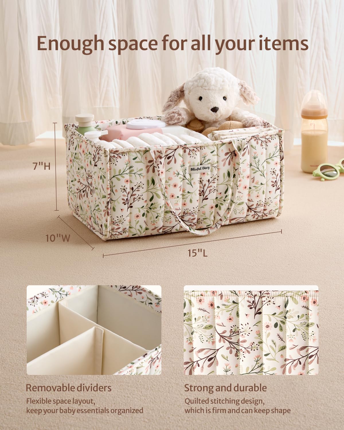Blissful Diary Nappy Caddy Organiser, Baby Diaper Caddy for Nappy Station, Stylish Storage Basket for Newborn Essentials, Baby Shower Gifts for Girl or Boy, Woodland Cream
