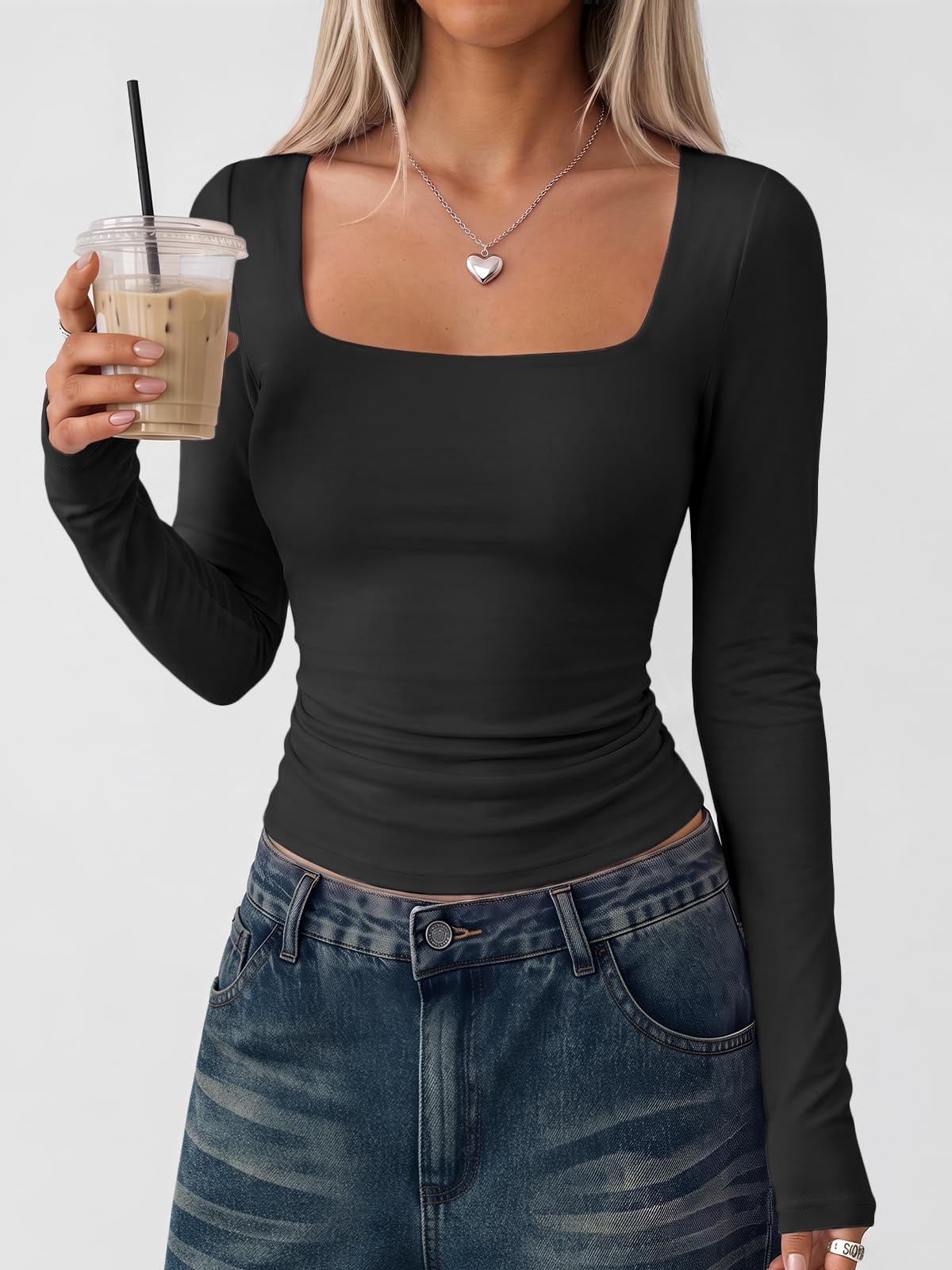 LILLUSORY Long Sleeve Tops Women UK Square Neck Double Lined T Shirts