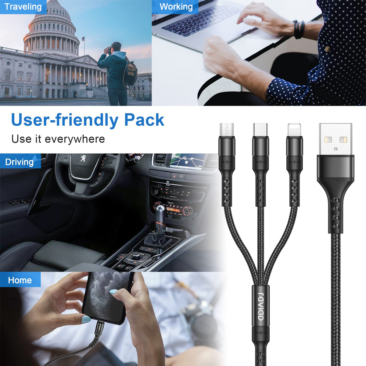 RAVIAD Multi Charger Cable 3 Packs 1.2M 3 in 1 Charging Cable Nylon Braided
