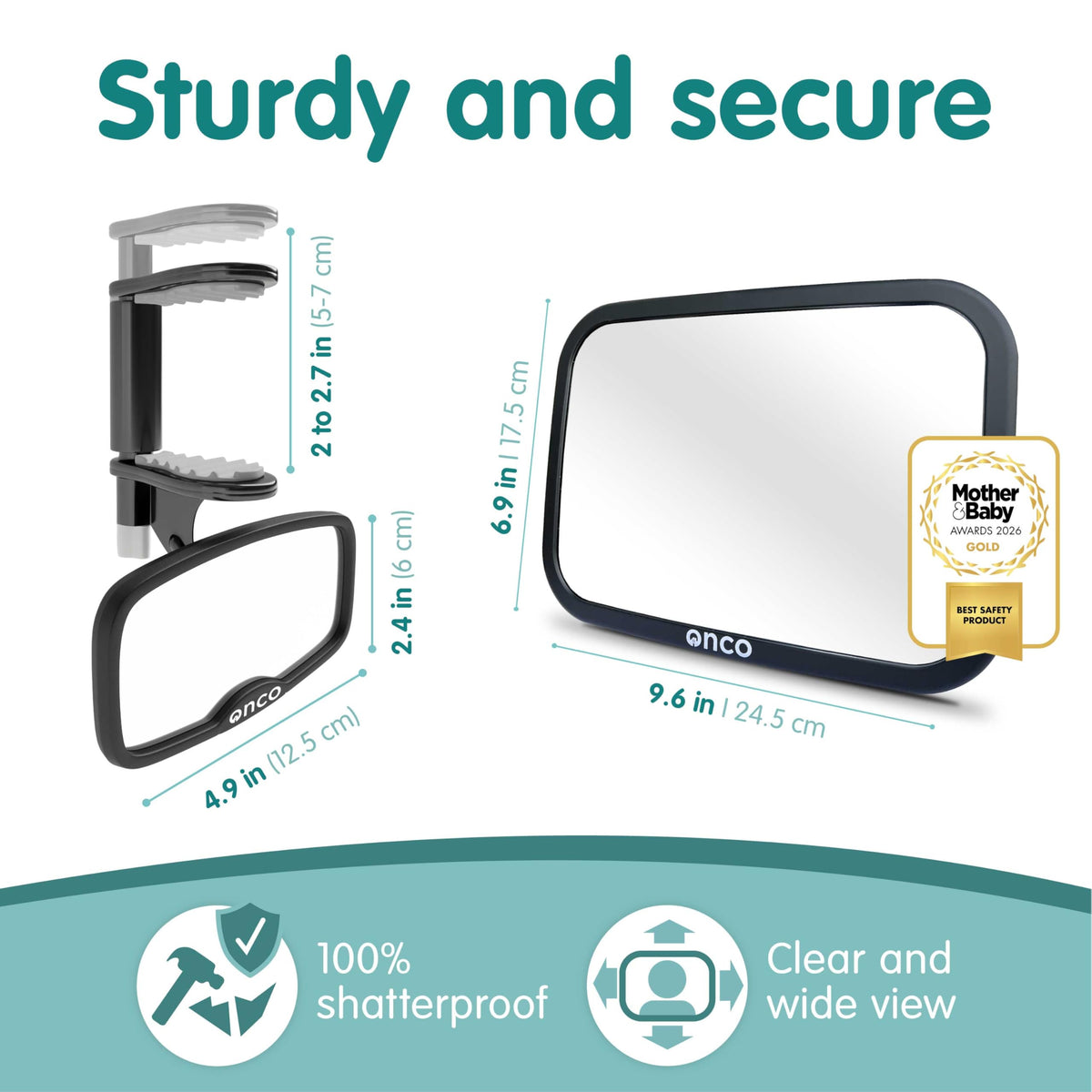 Onco Baby Car Mirror - Award-Winning, Shatterproof & Shakeproof [Black]