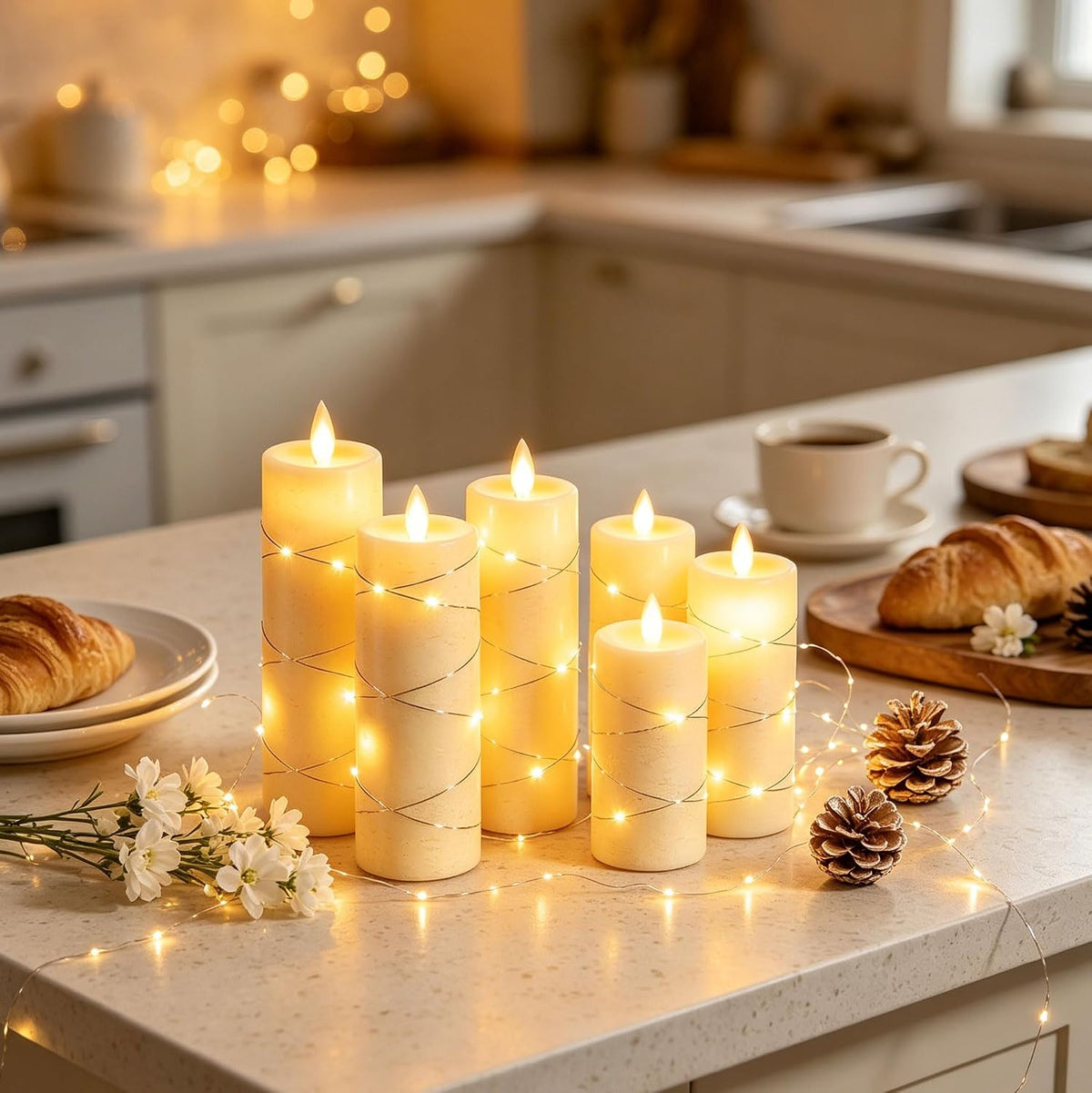 Da by 3 Pack Ivory Flameless LED Candles with Fairy Lights, Realistic Moving Flame Paraffin Wax Candles, Remote Control, Soft Warm Light, 8cm D x 12.5/14.5/16.5cm H, Indoor Wedding Home Decor