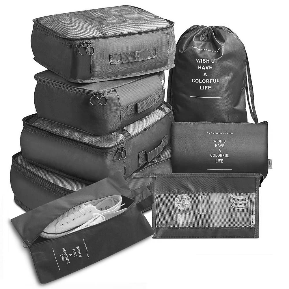 Travel Packing Cubes, Toifucos Multifunction 8pcs/set Luggage Organiser Compression Suitcase Essential Bag, Dark Gray