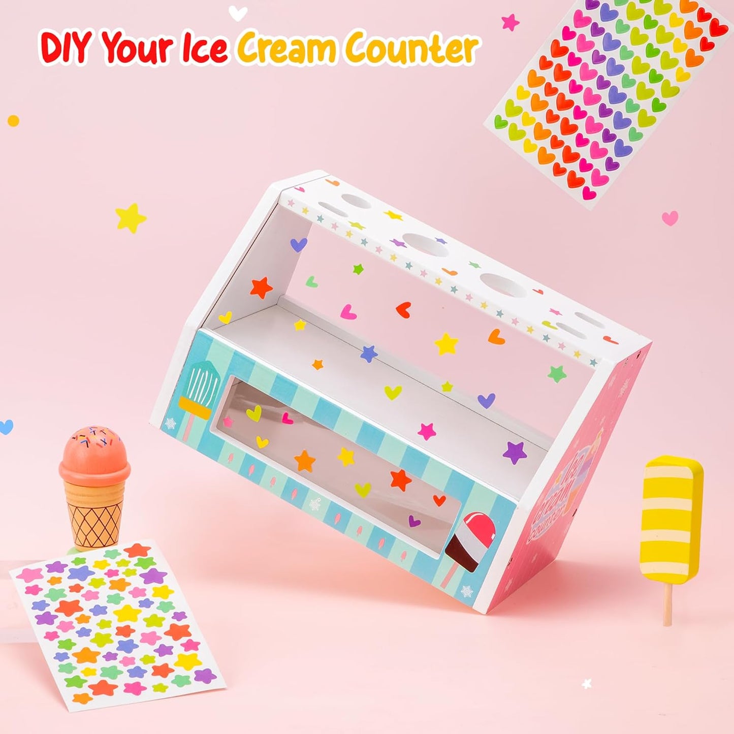 WIKITOT Ice Cream Toys for Kids, 51 Pieces Wooden Ice Cream Cart Role Play Toys for 3 to 7 Year Old Girls Boys Bithday Gifts