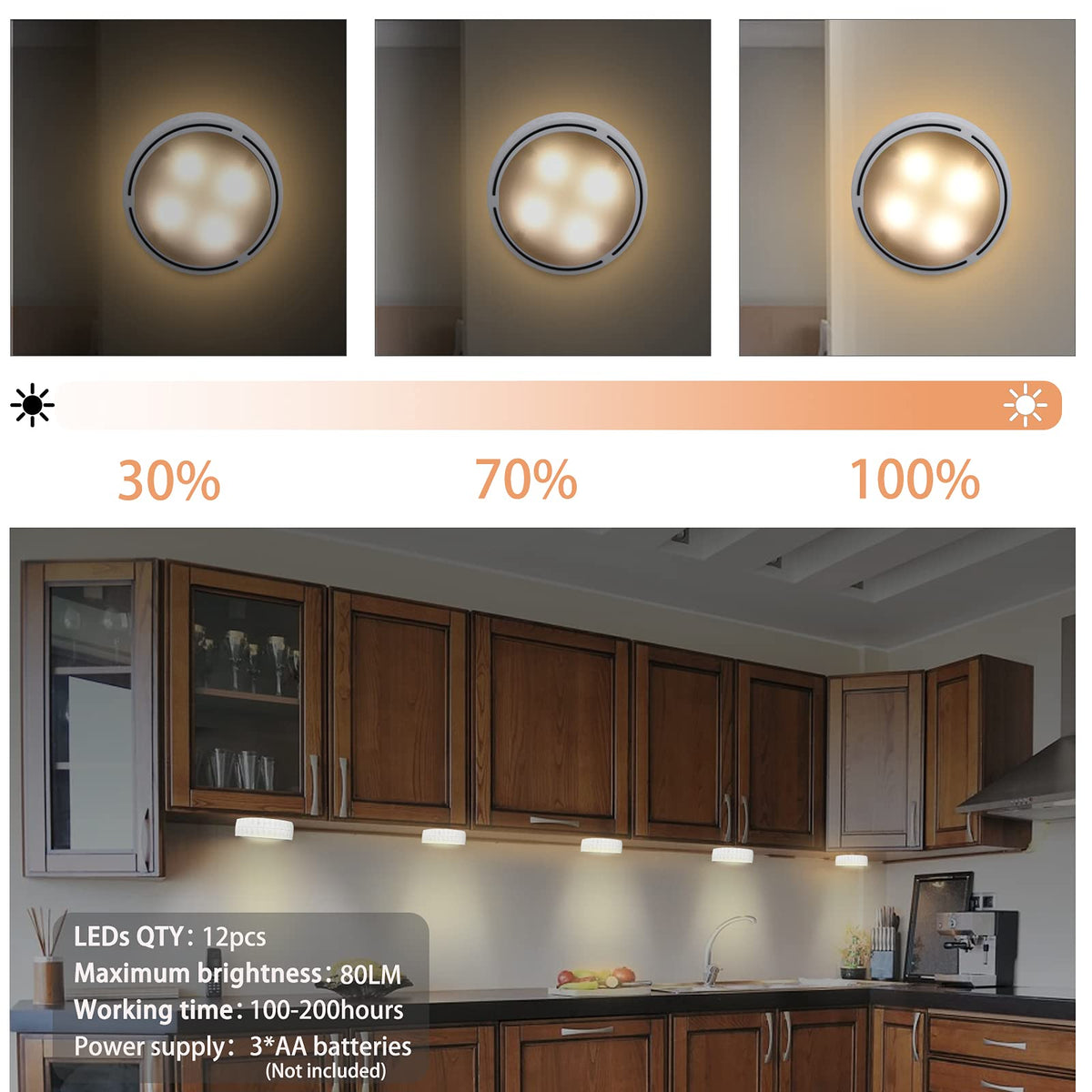 Under Cabinet Lights, Wireless LED Puck Lights Remote Control, 4000K Natural White Brightness Dimmable Battery Powered Touch Closet Cupboard Kitchen Wardrobe Lights, 6 Pack (White)