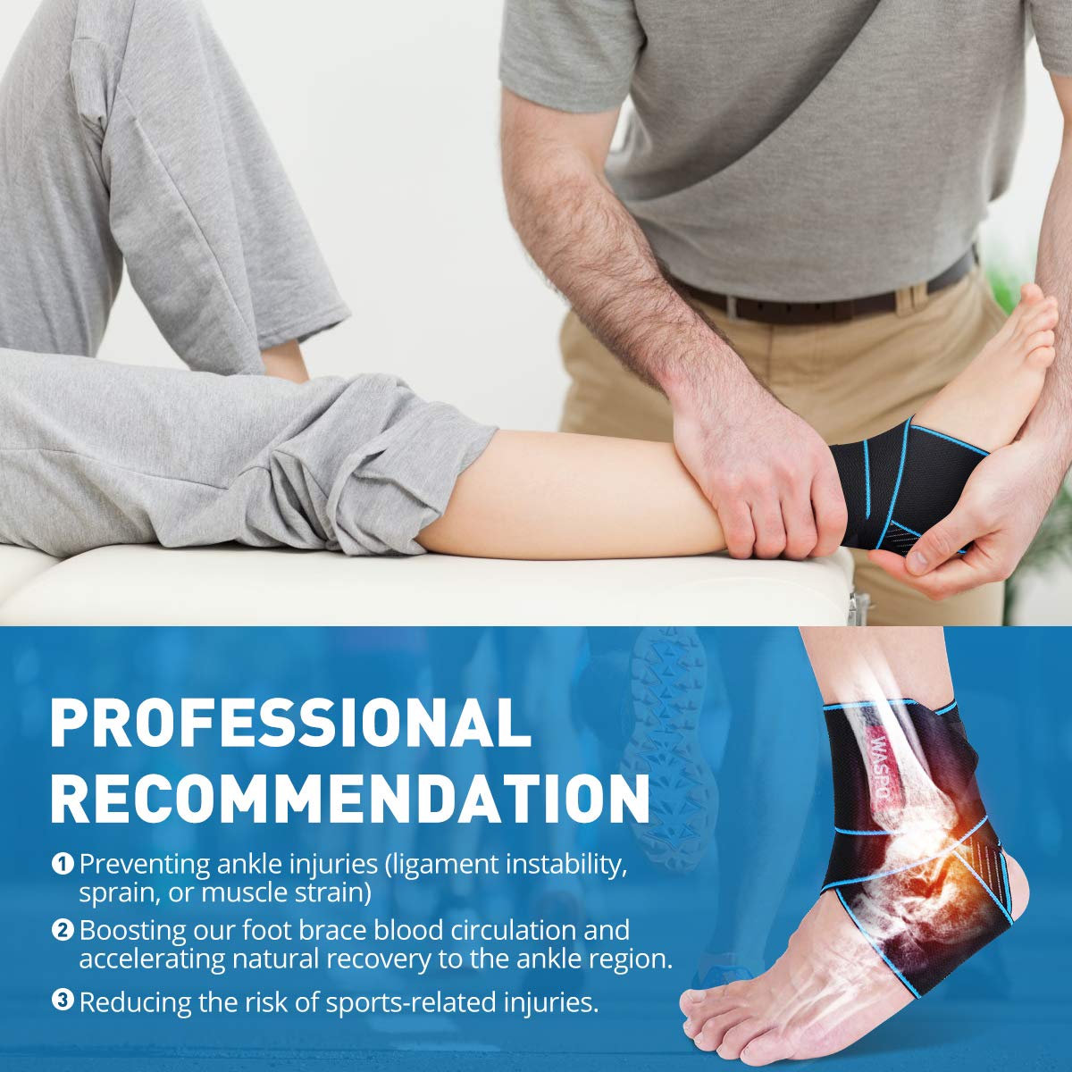 WASPO Ankle Support Brace - Adjustable Ankle Brace Wrap Strap for Sports Protect, Plantar Fasciitis, Achilles tendonitis, Ligament damage, Injury Recovery, One Size for Men Women 1 PC Blue