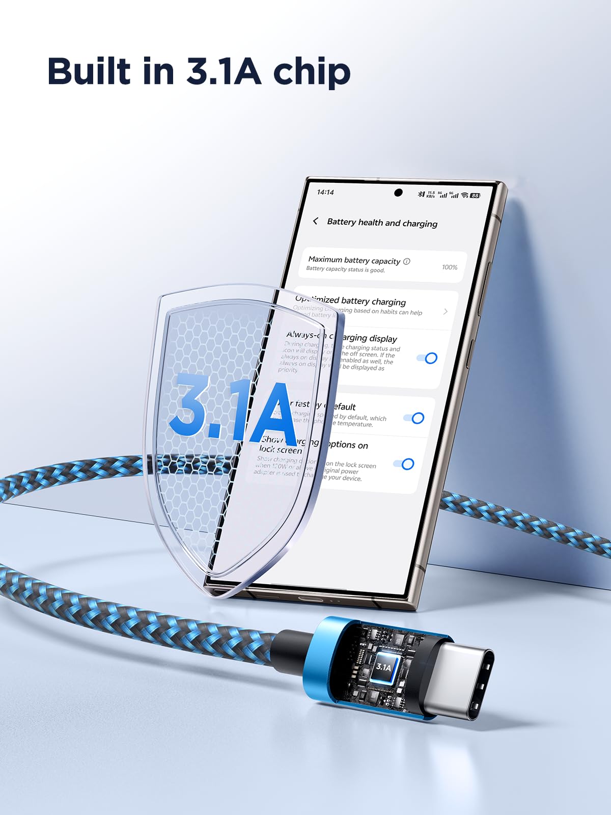Yosou USB C Charger Cable 2M 2Pack USB A to USB C Type C Charger Fast Charging 3A Lead Braided for Samsung Galaxy S22 S21 S20,Pixel 8 7 6,PS5,Switch
