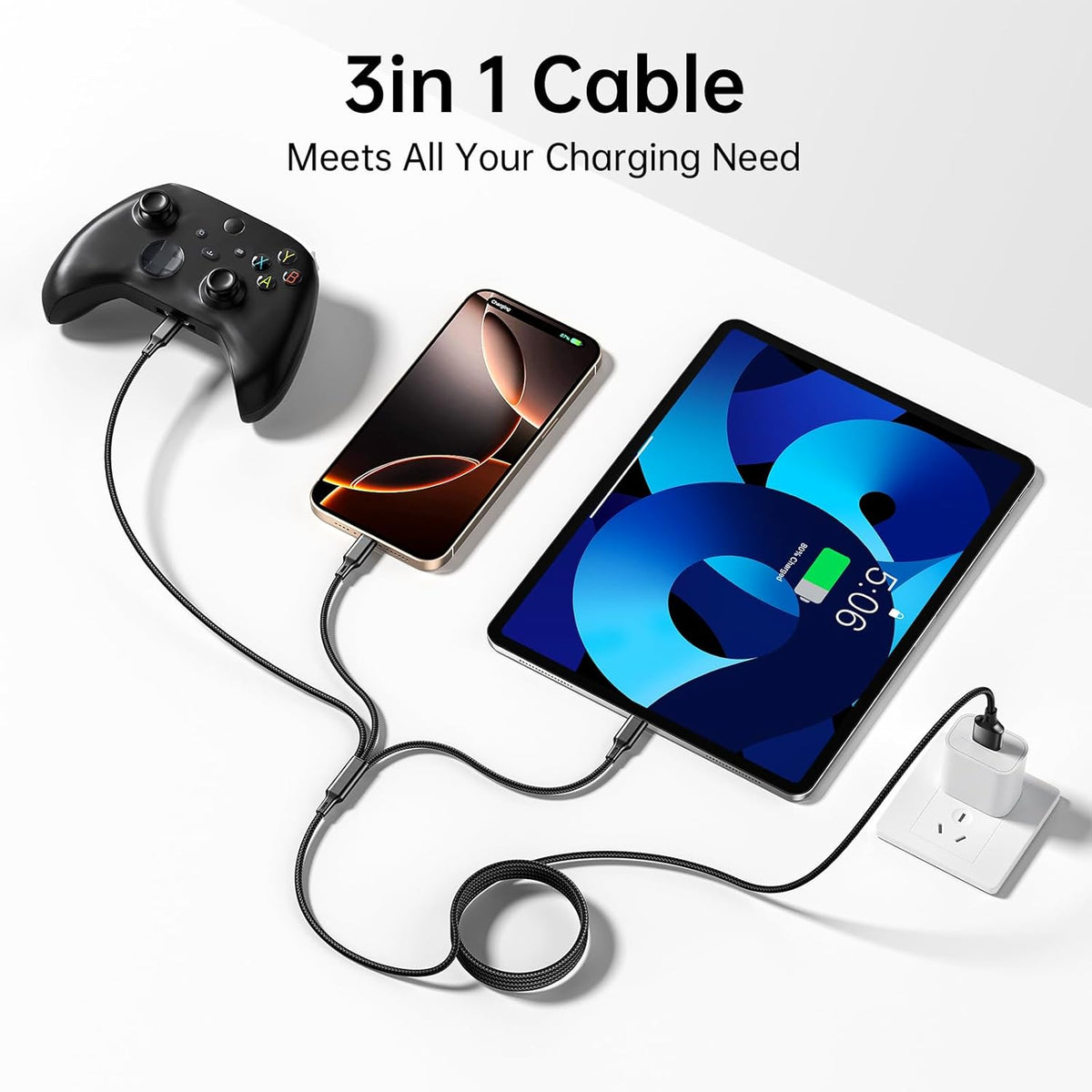 Multi Charging Cable 2 Packs 4FT,3A 3 in 1 Charging Cord for iPhone,Samsung