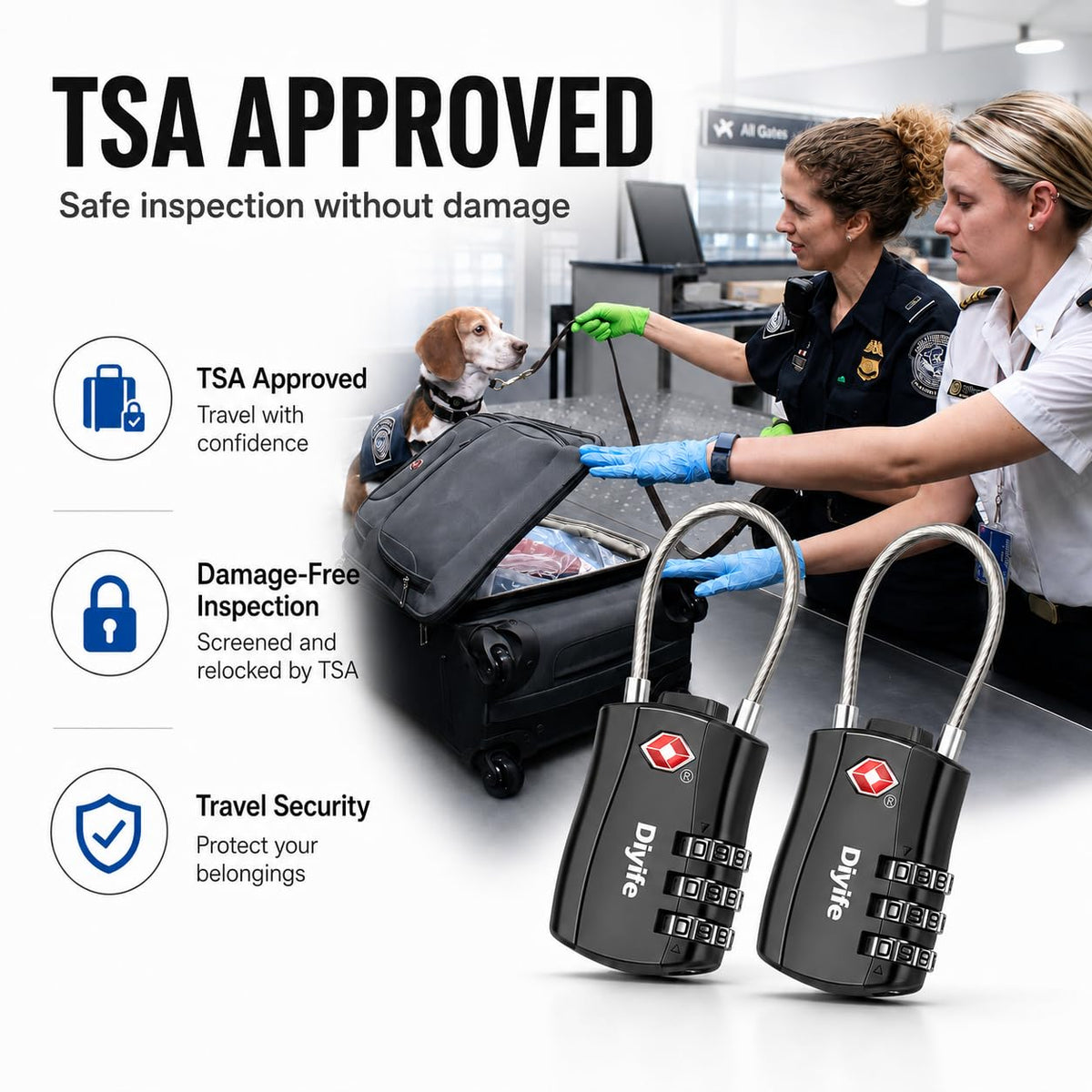 Diyife TSA Approved Luggage Locks with Flexible Steel Cable, Easy to Set up